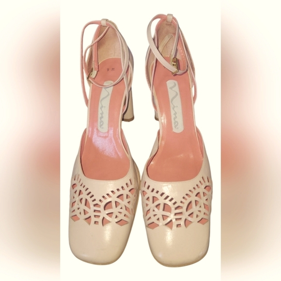 Nina Women's Vintage Pink Laser Cut Out Square Toe Leather Made In Spain Heels 9 - Picture 1 of 12